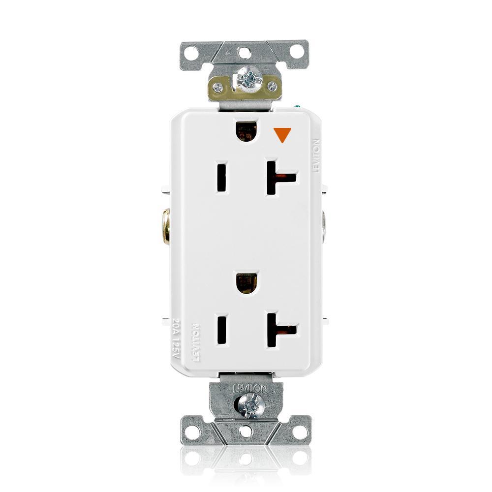 Leviton® Decora® Plus 16362-WIG 16362-IG Duplex Heavy Duty Isolated Self-Grounding Smooth Face Straight Blade Receptacle, 125 V AC, 20 A, 2 Poles, 3 Wires, White