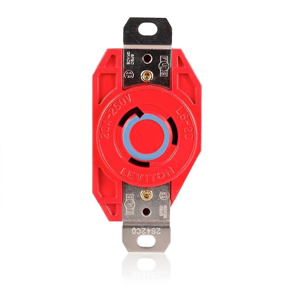 Leviton® 2320-R Grounding Receptacle, 250 V AC, 20 A, 2 Poles, 3 Wires, Red