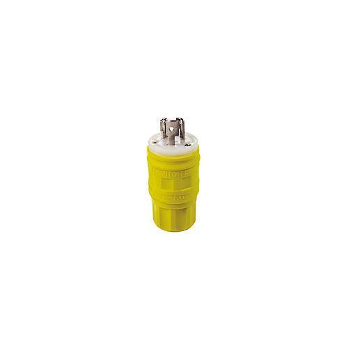 Leviton® 24W49 1-Phase Grounding Watertight Cable Mount Locking Plug, 250 V AC, 15 A, 2 Poles, 3 Wires, Yellow