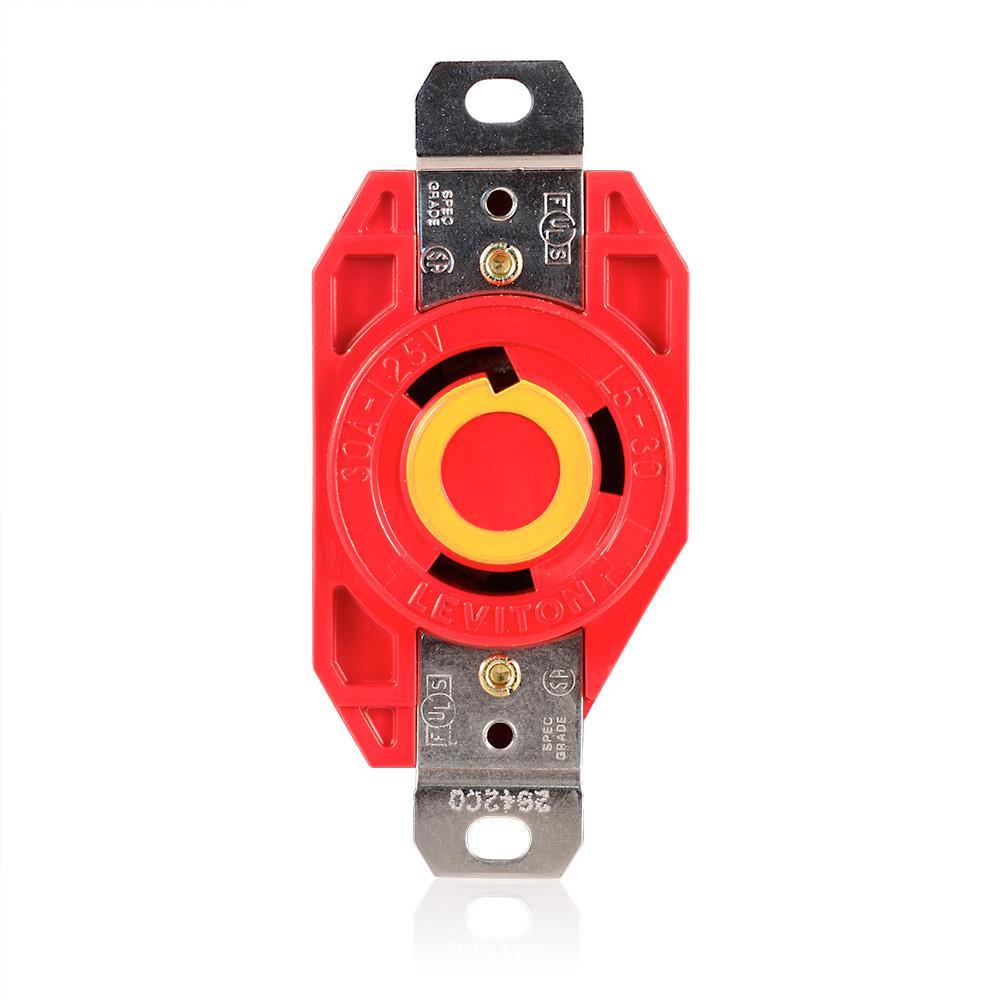 Leviton® 2610-R Grounding Receptacle, 125 V AC, 30 A, 2 Poles, 3 Wires, Red
