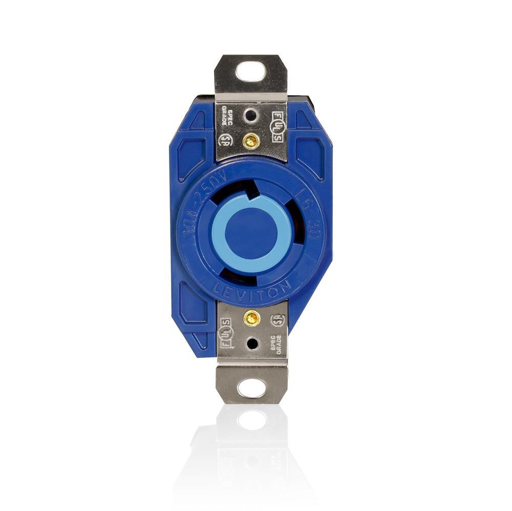 Leviton® V-0-Max™ 2620-BU Flush Mount Isolated Grounding Single Locking Receptacle, 250 V AC, 30 A, 2 Poles, 3 Wires, Blue