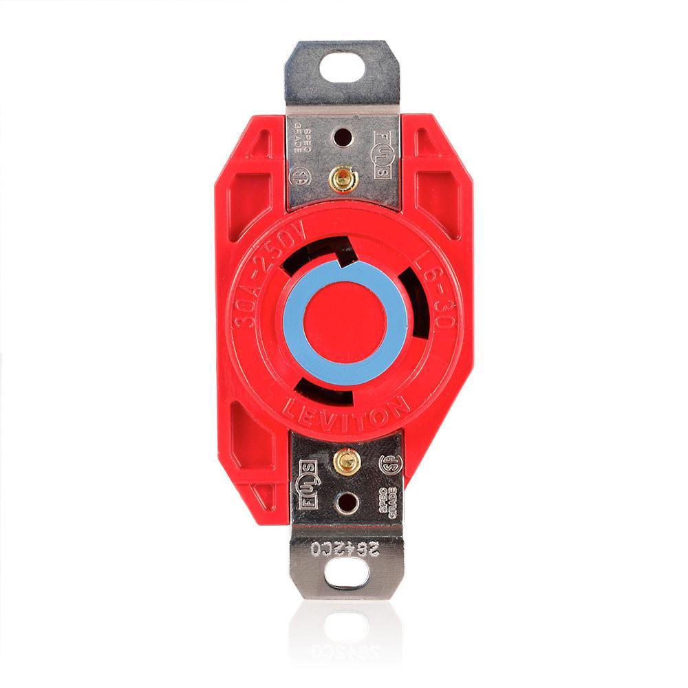 Leviton® 2620-R Grounding Receptacle, 250 V AC, 30 A, 2 Poles, 3 Wires, Red