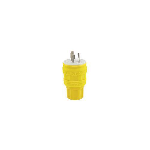 Leviton® 26W47 1-Phase Grounding Watertight Cable Mount Locking Plug, 125 V AC, 20 A, 2 Poles, 3 Wires, Yellow