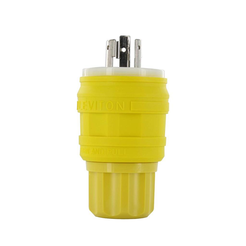 Leviton® 26W48 1-Phase Grounding Watertight Cable Mount Locking Plug, 250 V AC, 20 A, 2 Poles, 3 Wires, Yellow