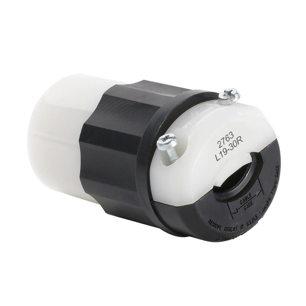 Leviton® 2763 3-Phase Non-Grounding Cable Mount Locking Connector, 277/480 V AC, 30 A, 4 Poles, 4 Wires, Black/White