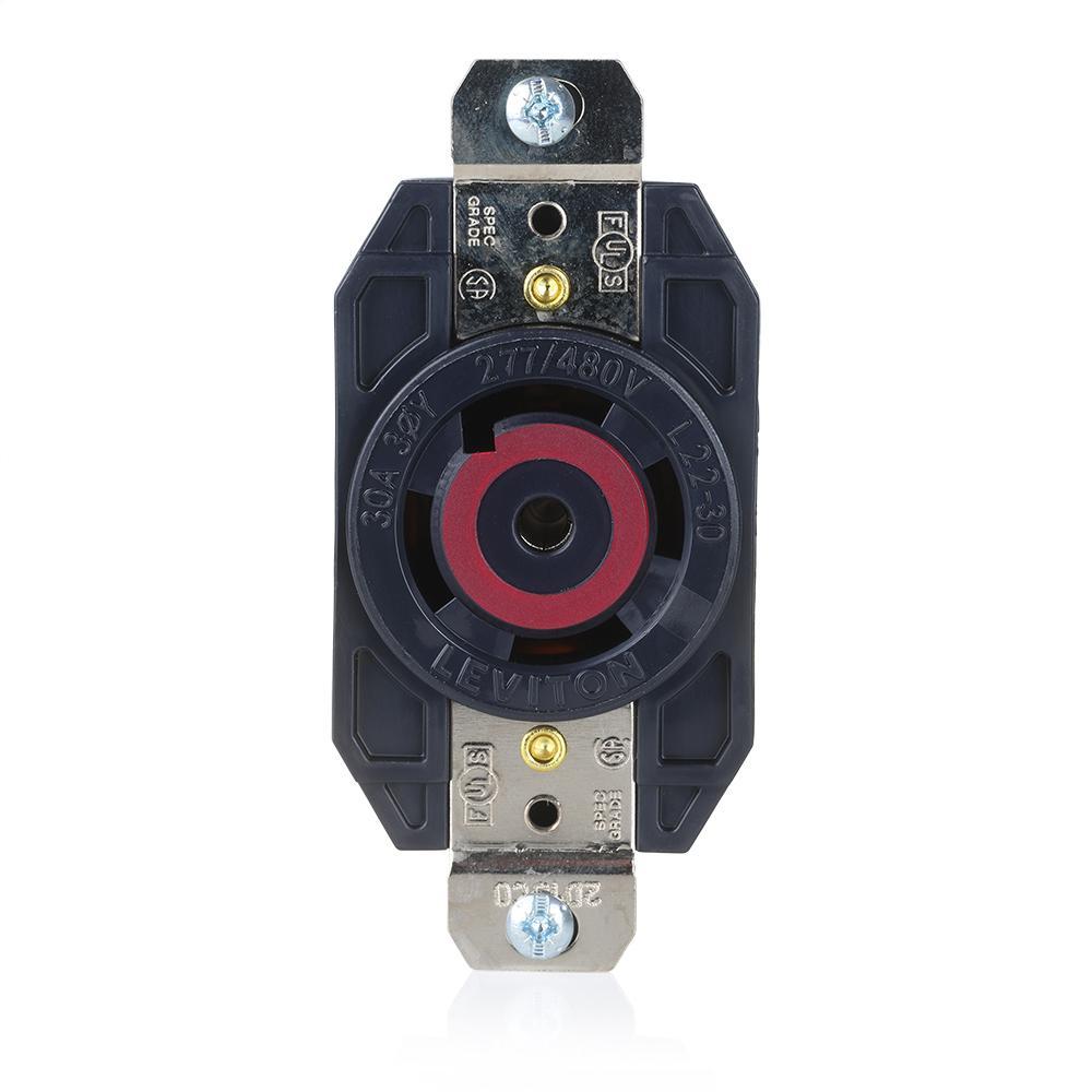 Leviton® 2820 3-Phase Y Grounding Locking Receptacle, 277/480 V AC, 30 A, 4 Poles, 5 Wires, Black