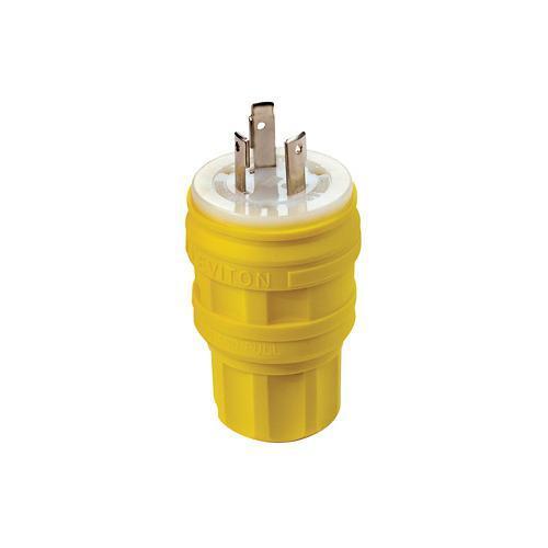 Leviton® 28W47 1-Phase Grounding Watertight Cable Mount Locking Plug, 125 V AC, 30 A, 2 Poles, 3 Wires, Yellow