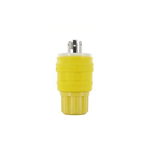 Leviton® 28W48 1-Phase Grounding Watertight Cable Mount Locking Plug, 250 V AC, 30 A, 2 Poles, 3 Wires, Yellow