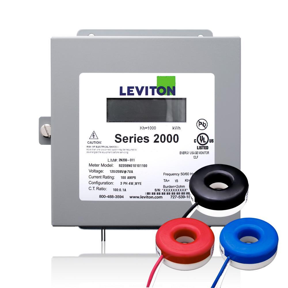 Leviton® VerifEye™ 2K208-1SW 2000 3-Phase 4-Wire Surface Mount Solid Meter Kit, 120/208 V AC, 100 A, LCD Display, Isolated Pulse Output Communication
