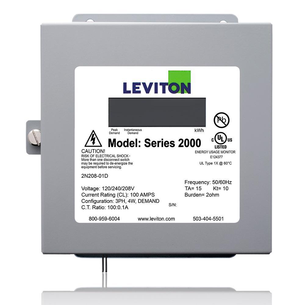 Leviton® VerifEye™ 2N208-1D 2000 3-Phase 4-Wire 3-Element Surface Mount Demand Meter, 120/208 V AC, 100 A, LCD Display, Isolated Pulse Output Communication