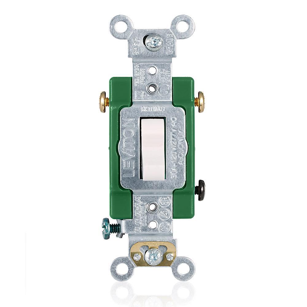 Leviton® 3033-2W 3-Way Self-Grounding Toggle Switch, 120/277 V AC, 30 A, 2 hp Power Rating