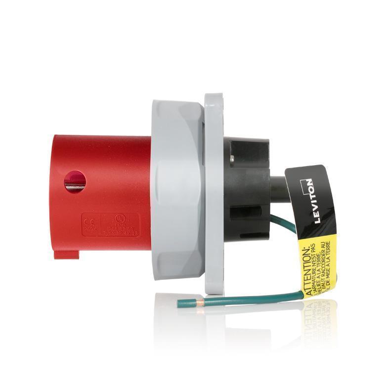 Leviton® 360B7WLEV LEV Series 7-Clock Position Watertight Pin and Sleeve Inlet, 480 V AC, 60 A, 2 Poles, 3 Wires, Red