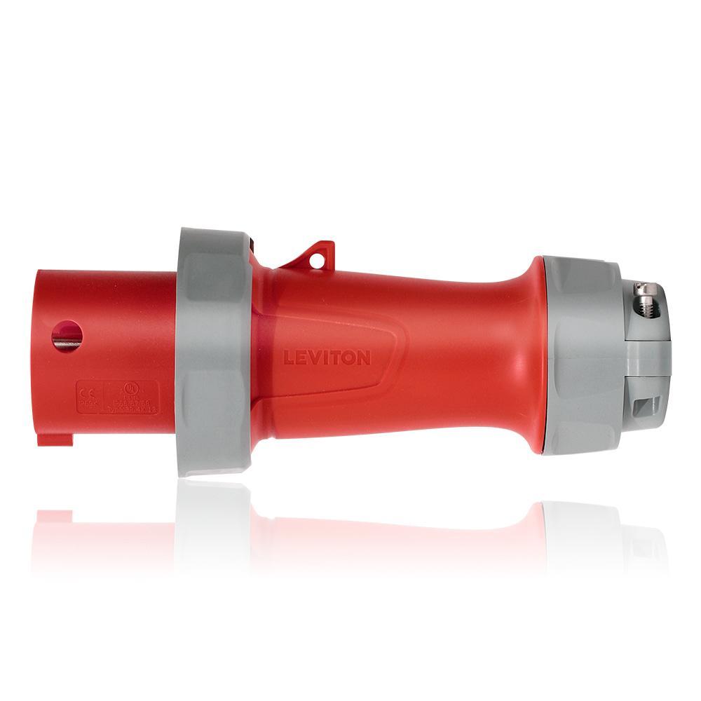 Leviton® 360P7WLEV LEV Series 7-Clock Position Watertight Pin and Sleeve Plug, 480 V AC, 60 A, 2 Poles, 3 Wires, Red