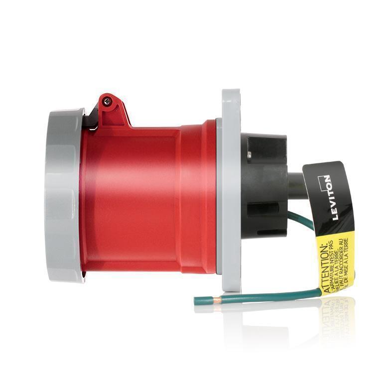 Leviton® 460R7WLEV LEV Series 3-Phase Dustight North American Rated Watertight Pin and Sleeve Receptacle, 480 V AC, 60 A, 3 Poles, 4 Wires, Red