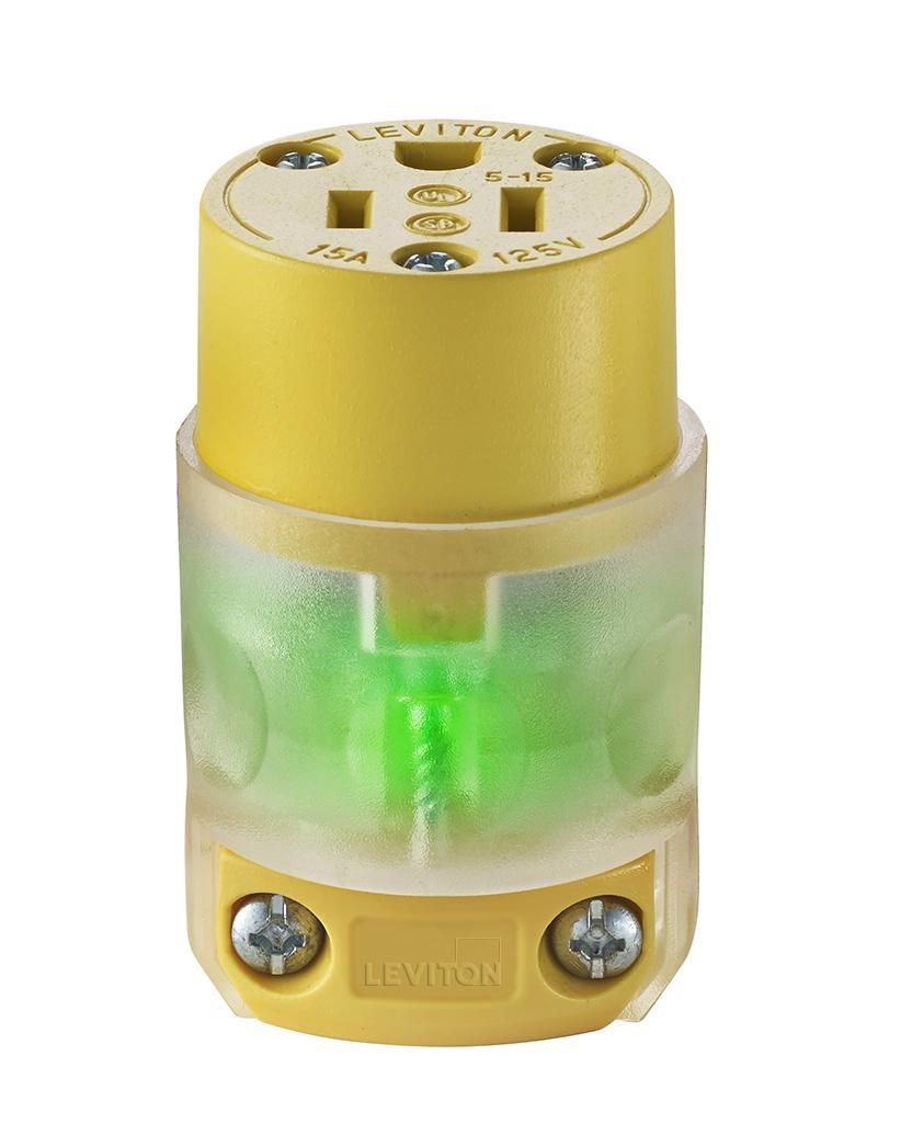 Leviton® 515CV-LIT Grounding Lighted Straight Blade Connector, 125 V AC, 15 A, 2 Poles, 3 Wires, White/Yellow