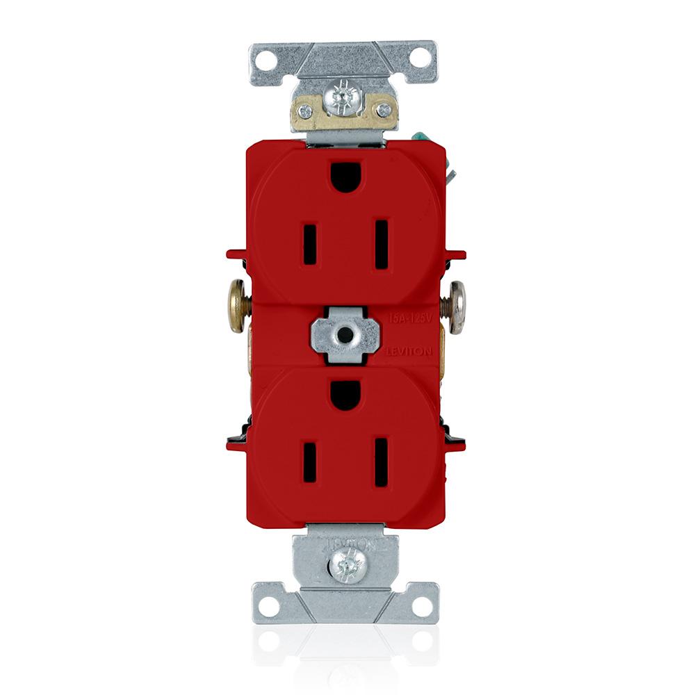 Leviton® 5242-R Heavy Duty Straight Blade Duplex Receptacle, 125 V AC, 15 A, 2 Poles, 3 Wires, Red