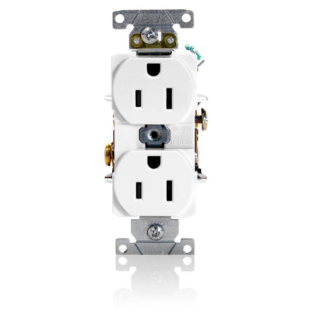 Leviton® 5252-W Heavy Duty Straight Blade Duplex Receptacle, 125 V AC, 15 A, 2 Poles, 3 Wires, White