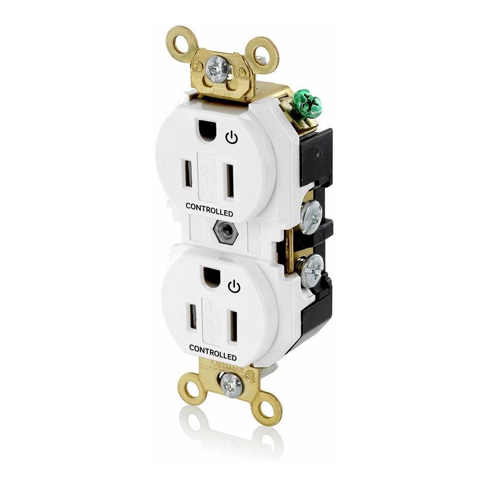 Leviton® 5262-2PW Extra Heavy Duty Self Grounding Tamper Resistant Straight Blade Duplex Receptacle With 2 Plug Controlled Markings, 125 V AC, 15 A, 2 Poles, 3 Wires, White
