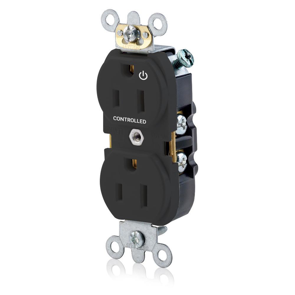 Leviton® 5262-S1E Heavy Duty Narrow Body Straight Blade Duplex Receptacle With 1 Plug Controlled Markings, 125 V AC, 15 A, 2 Poles, 3 Wires, Black