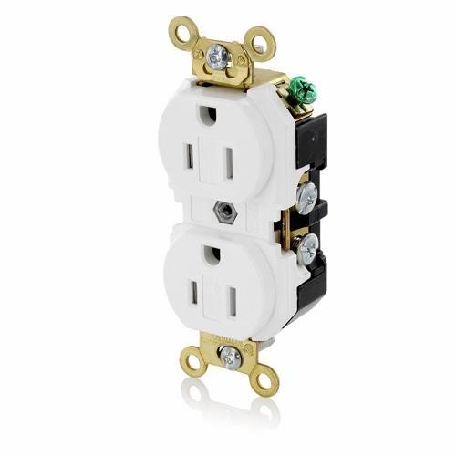 Leviton® 5262-SGW Duplex Extra Heavy Duty Self-Grounding Tamper Resistant Straight Blade Receptacle, 125 V AC, 15 A, 2 Poles, 3 Wires, White