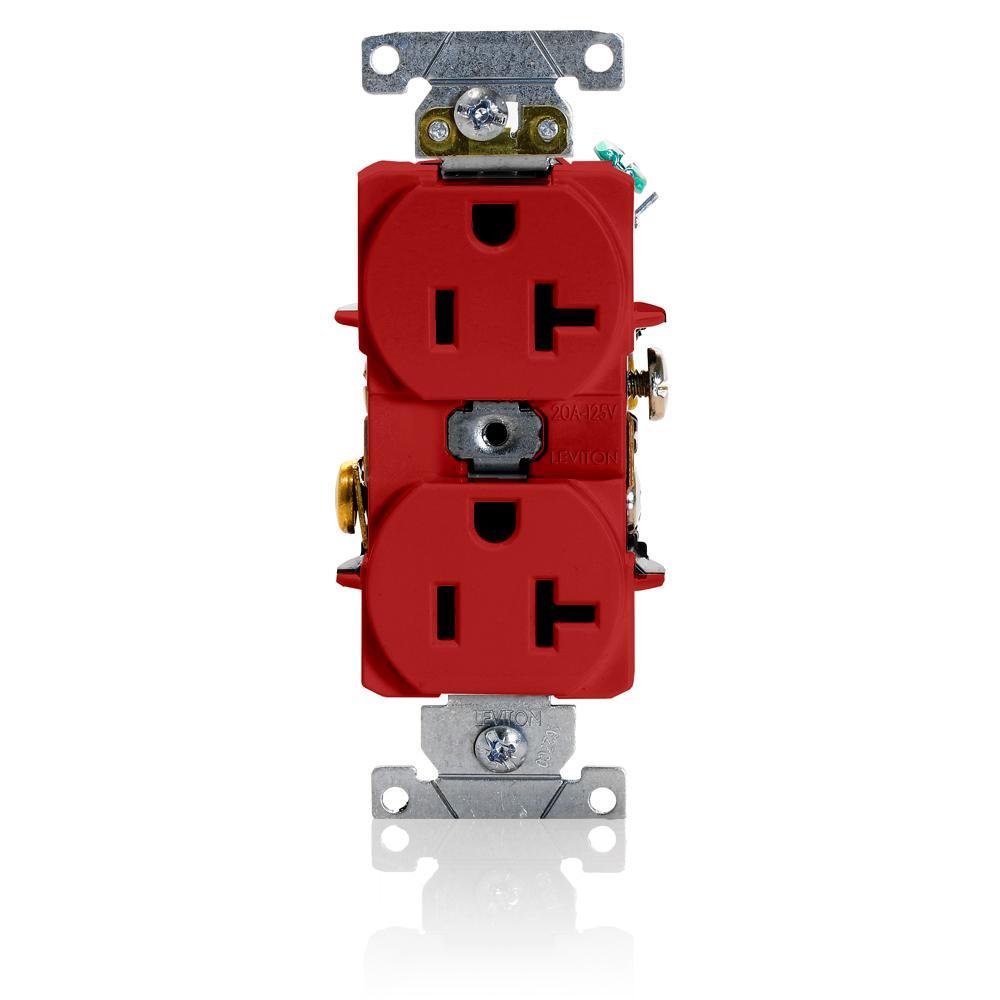 Leviton® 5352-R Heavy Duty Straight Blade Duplex Receptacle, 125 V AC, 20 A, 2 Poles, 3 Wires, Red