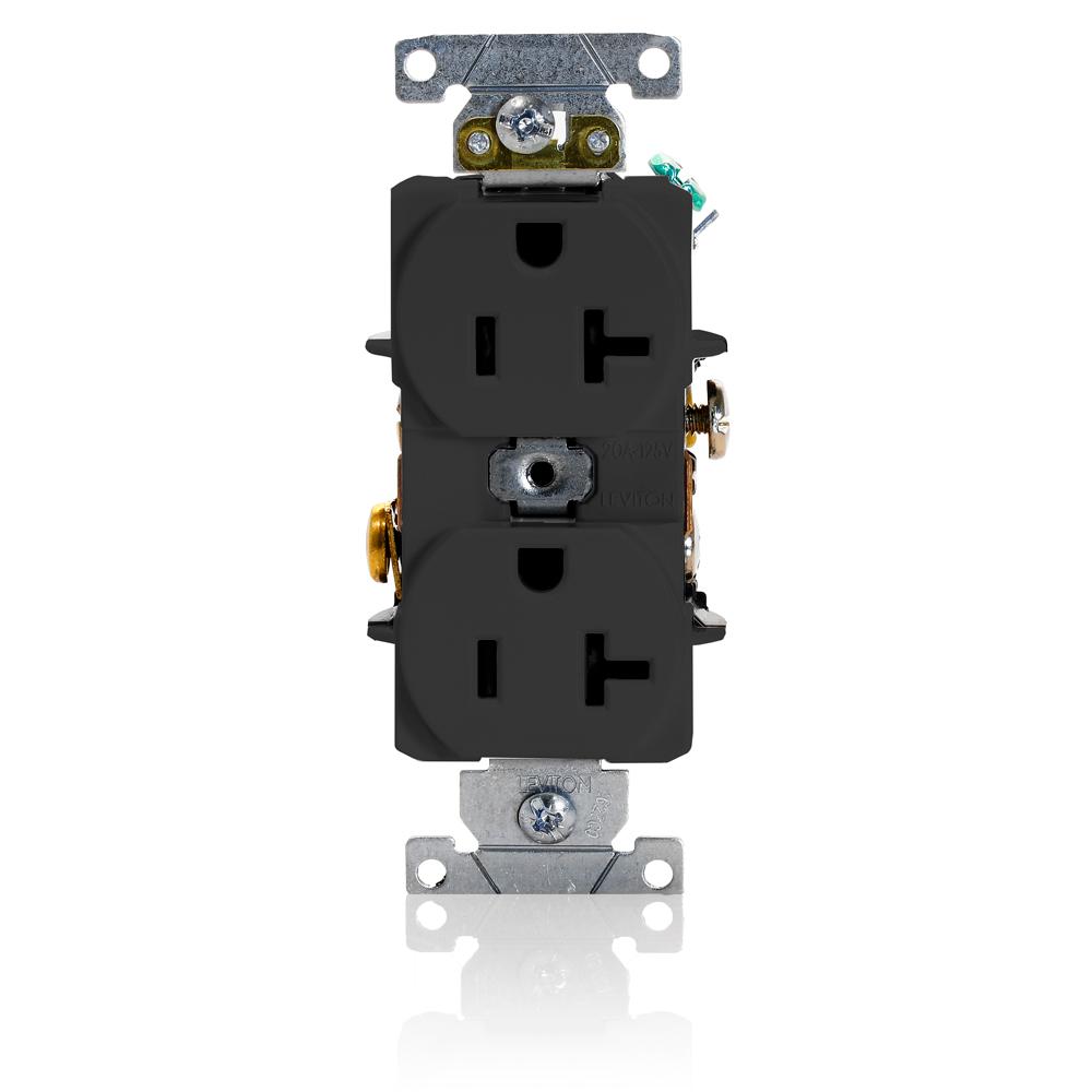 Leviton® 5352-E Heavy Duty Straight Blade Duplex Receptacle, 125 V AC, 20 A, 2 Poles, 3 Wires, Black
