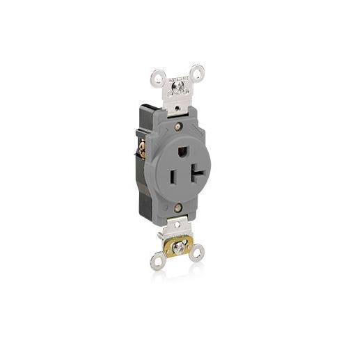 Leviton® 5361-GY 1-Phase Heavy Duty Single Straight Blade Receptacle, 125 V AC, 20 A, 2 Poles, 3 Wires, Gray
