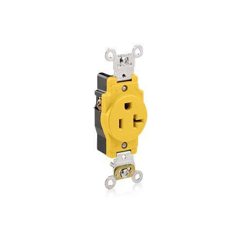Leviton® 5361-CR 1-Phase Corrosion Resistant Grounding Heavy Duty Single Straight Blade Receptacle, 125 V AC, 20 A, 2 Poles, 3 Wires, Yellow