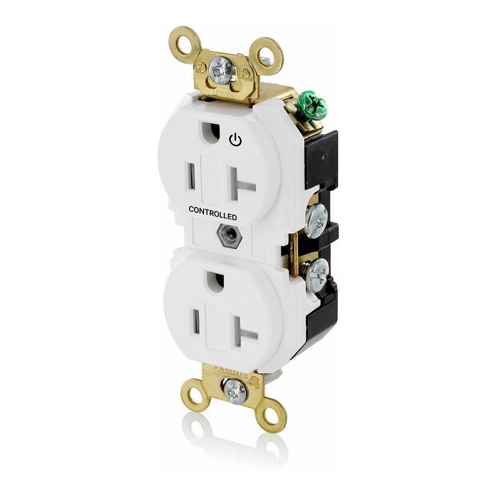 Leviton® 5362-1PW Duplex Extra Heavy Duty Self-Grounding Tamper Resistant Straight Blade Receptacle With 1 Plug Controlled Markings, 125 V AC, 20 A, 2 Poles, 3 Wires, White