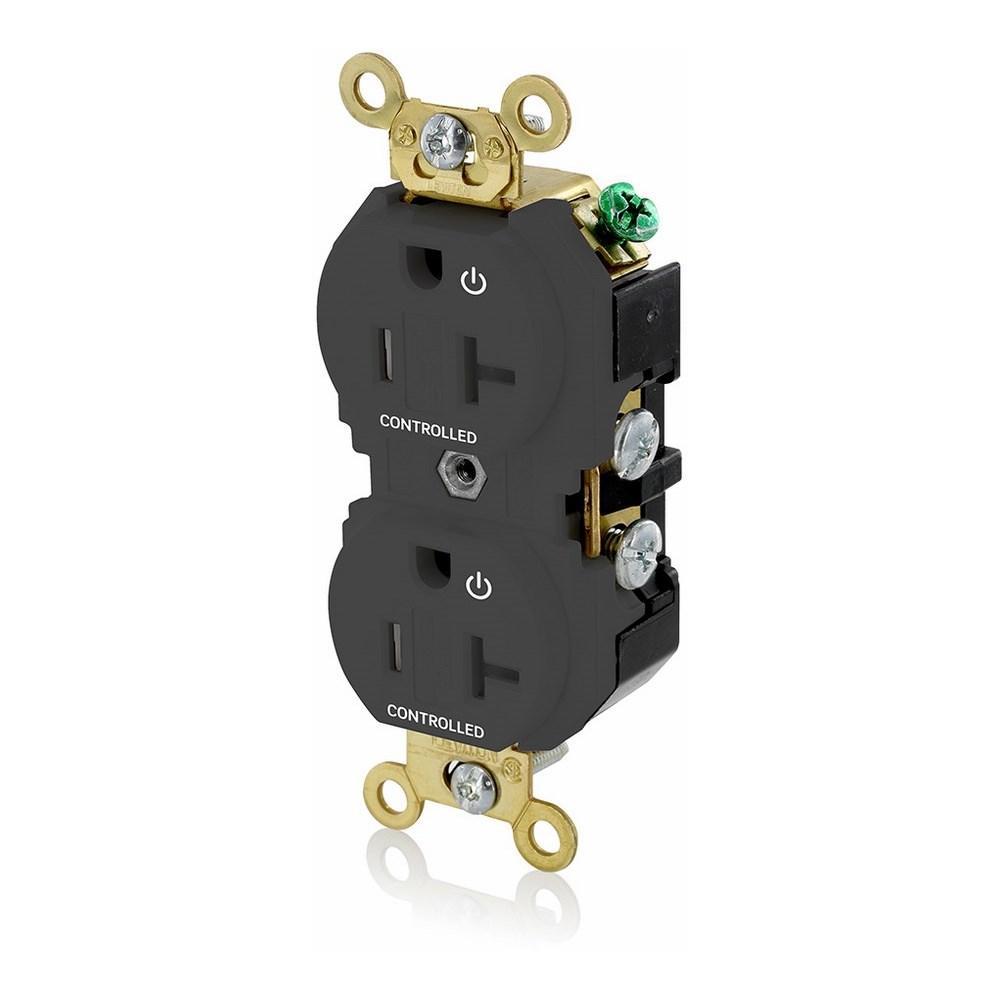 Leviton® 5362-2PE Duplex Extra Heavy Duty Self-Grounding Tamper Resistant Straight Blade Receptacle With 2 Plug Controlled Marking, 125 V AC, 20 A, 2 Poles, 3 Wires, Black
