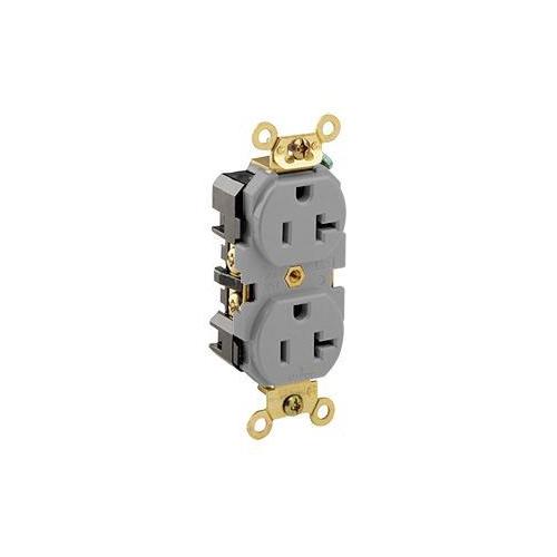 Leviton® 5362-GY 1-Phase Duplex Extra Heavy Duty Straight Blade Receptacle, 125 V AC, 20 A, 2 Poles, 3 Wires, Gray