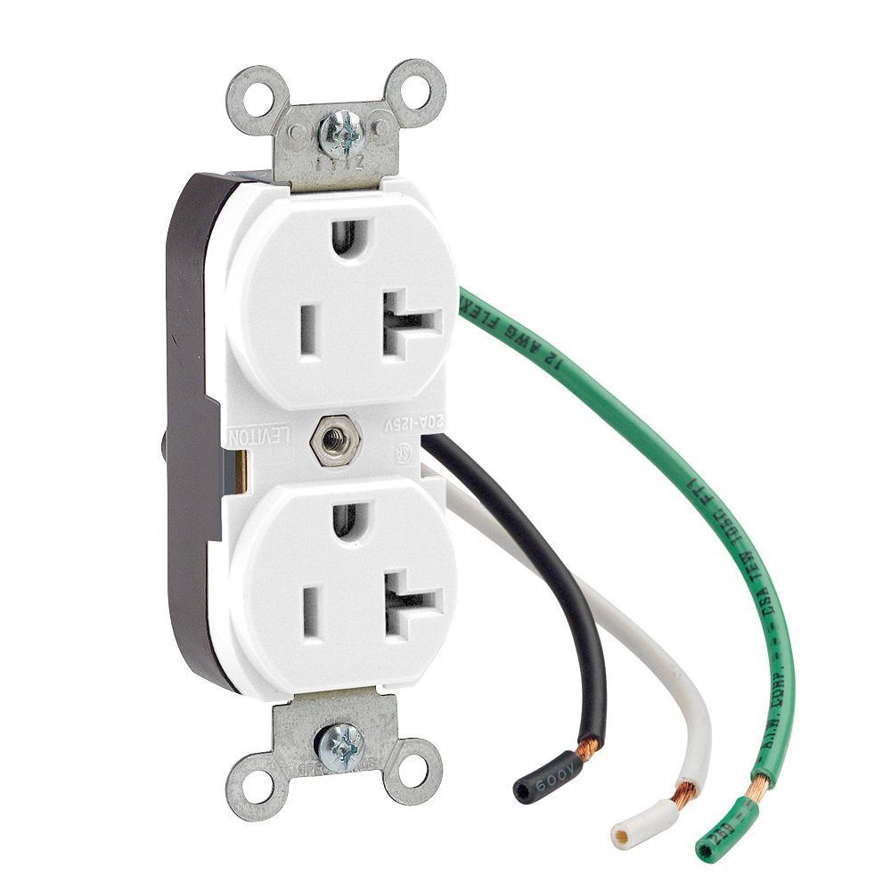 Leviton® 5362-LW 1-Phase Duplex Heavy Duty Grounding Straight Blade Receptacle, 125 V AC, 20 A, 2 Poles, 3 Wires, White