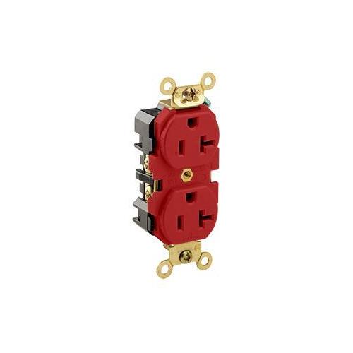 Leviton® 5362-R 1-Phase Duplex Extra Heavy Duty Straight Blade Receptacle, 125 V AC, 20 A, 2 Poles, 3 Wires, Red