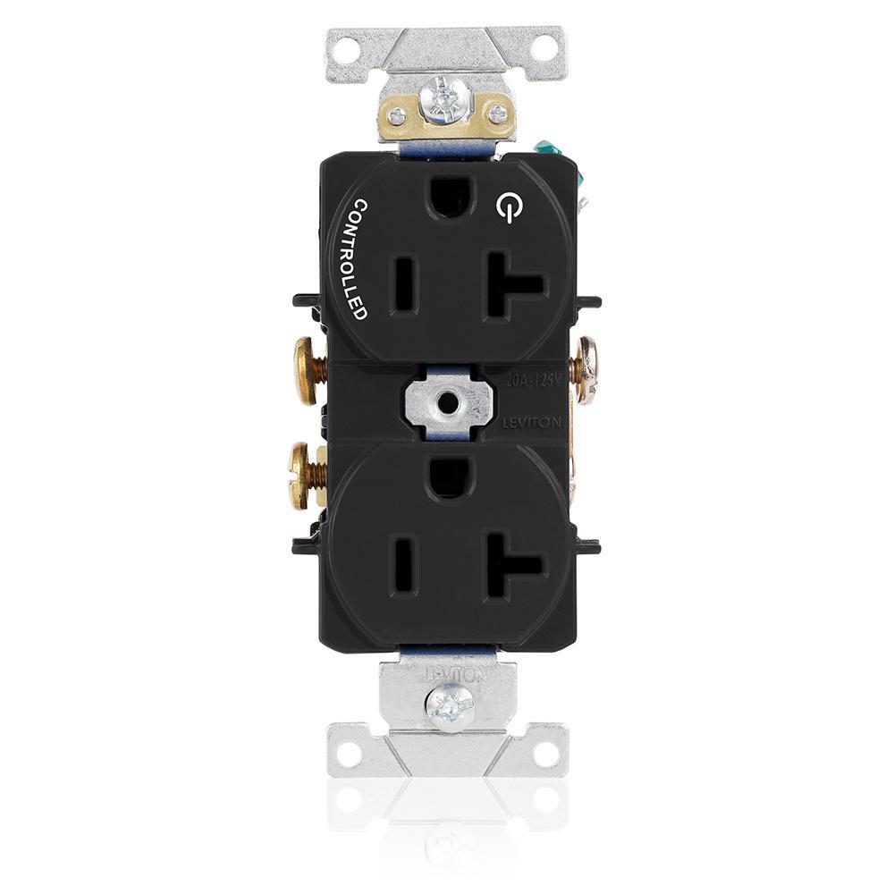 Leviton® 5362-S1E Heavy Duty Narrow Body Straight Blade Duplex Receptacle With 1 Plug Controlled Markings, 125 V AC, 20 A, 2 Poles, 3 Wires, Black