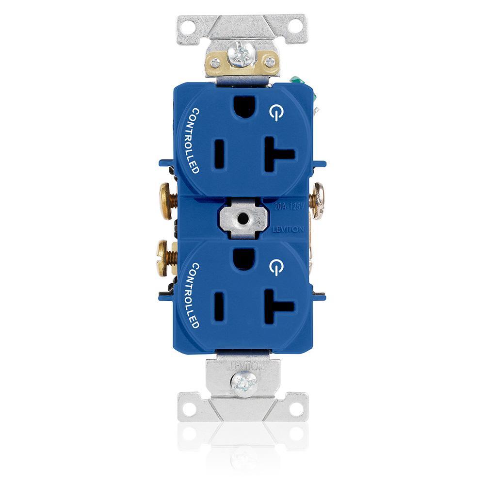 Leviton® 5362-S2B Heavy Duty Narrow Body Straight Blade Duplex Receptacle With 2 Plug Controlled Markings, 125 V AC, 20 A, 2 Poles, 3 Wires, Blue