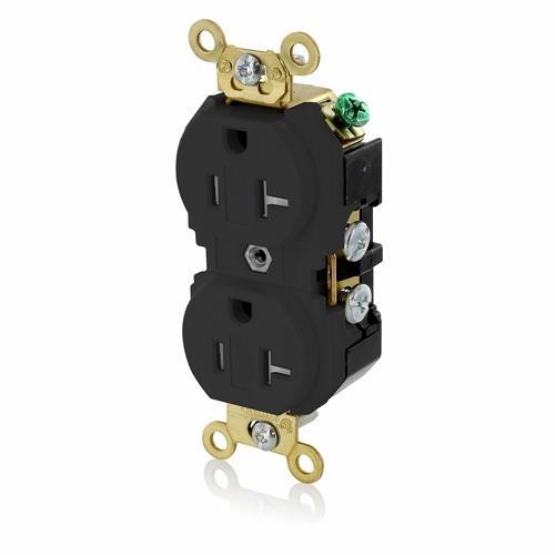 Leviton® 5362-SGE Duplex Extra Heavy Duty Self-Grounding Tamper Resistant Straight Blade Receptacle, 125 V AC, 20 A, 2 Poles, 3 Wires, Black