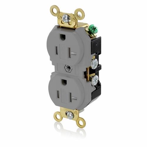 Leviton® 5362-SGG Duplex Extra Heavy Duty Self-Grounding Tamper Resistant Straight Blade Receptacle, 125 V AC, 20 A, 2 Poles, 3 Wires, Gray