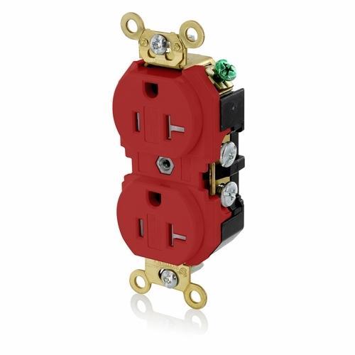 Leviton® 5362-SGR Duplex Extra Heavy Duty Self-Grounding Tamper Resistant Straight Blade Receptacle, 125 V AC, 20 A, 2 Poles, 3 Wires, Red