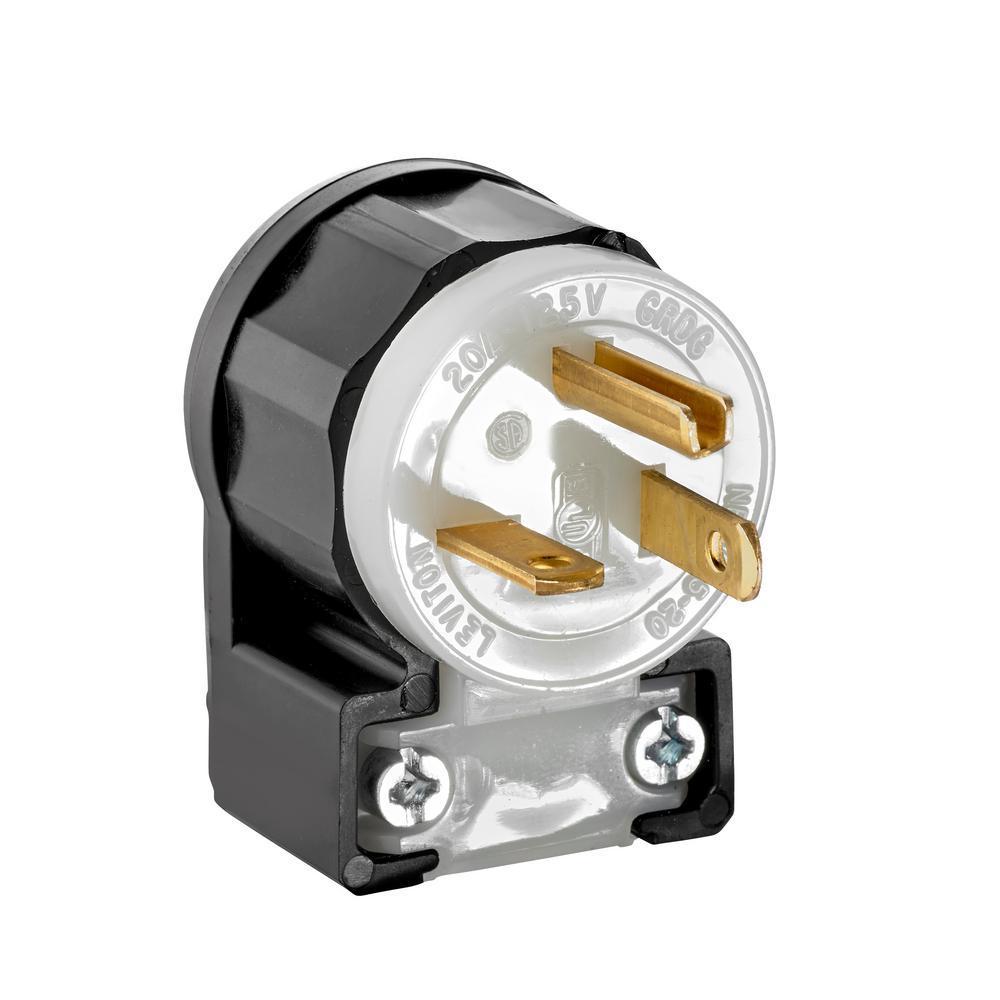 Leviton® 5366-CA Angled Cable Mount Grounding Straight Blade Plug, 125 V AC, 20 A, 2 Poles, 3 Wires, Black/White