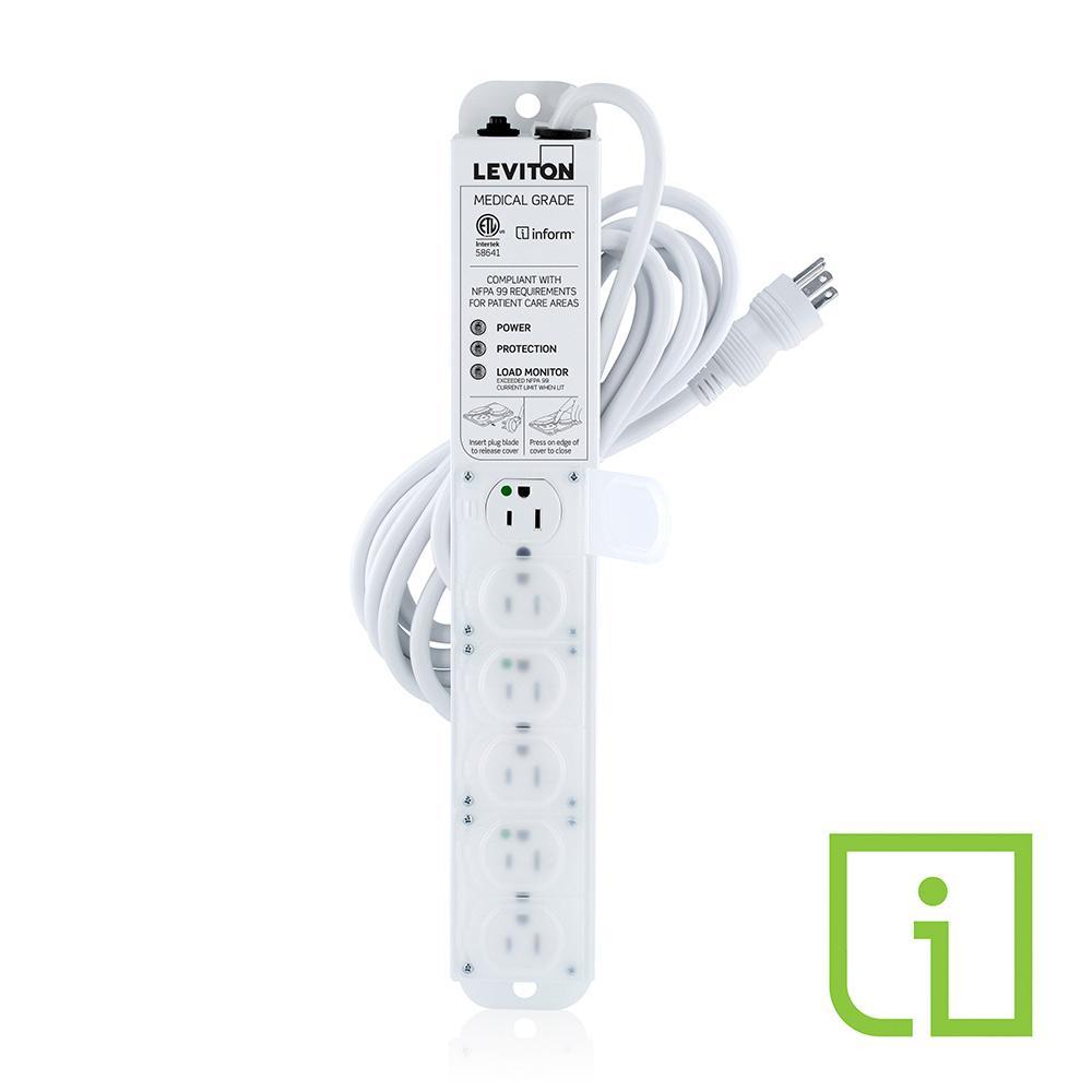 Leviton® 53C6M-1S5 Current Monitoring Surge Protected Power Outlet Strip With Load Monitoring Inform™ Technology, Locking Cover, 125 V AC, 15 A, 6 Outlets, 15 ft L Cord, Surface Mount