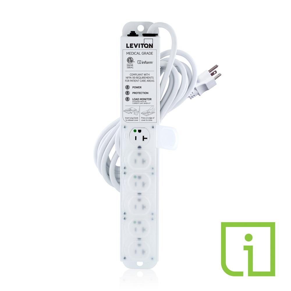 Leviton® 53C6M-2S5 Current Monitoring Surge Protected Power Outlet Strip With Load Monitoring Inform™ Technology, Locking Cover, 125 V AC, 20 A, 6 Outlets, 15 ft L Cord, Surface Mount