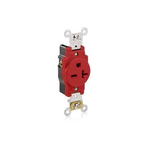 Leviton® 5461-R 1-Phase Heavy Duty Single Straight Blade Receptacle, 250 V AC, 20 A, 2 Poles, 3 Wires, Red