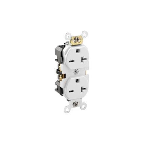 Leviton® 5462-W Duplex Heavy Duty Self-Grounding Straight Blade Receptacle, 250 V AC, 20 A, 2 Poles, 3 Wires, White