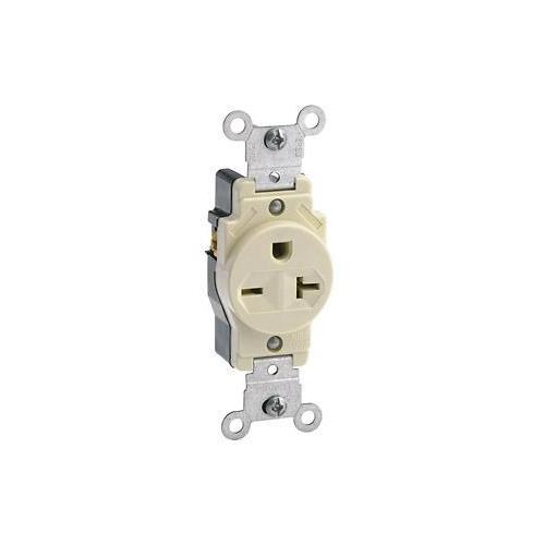 Leviton® 5823-I 1-Phase Heavy Duty Grounding Single Straight Blade Receptacle, 250 V AC, 20 A, 2 Poles, 3 Wires, Ivory