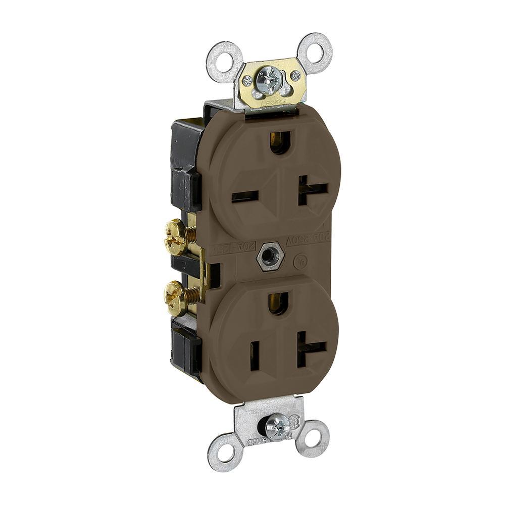 Leviton® 5842 1-Phase Duplex Dual Voltage Self-Grounding Straight Blade Receptacle, 125/250 V AC, 20 A, 2 Poles, 3 Wires, Brown