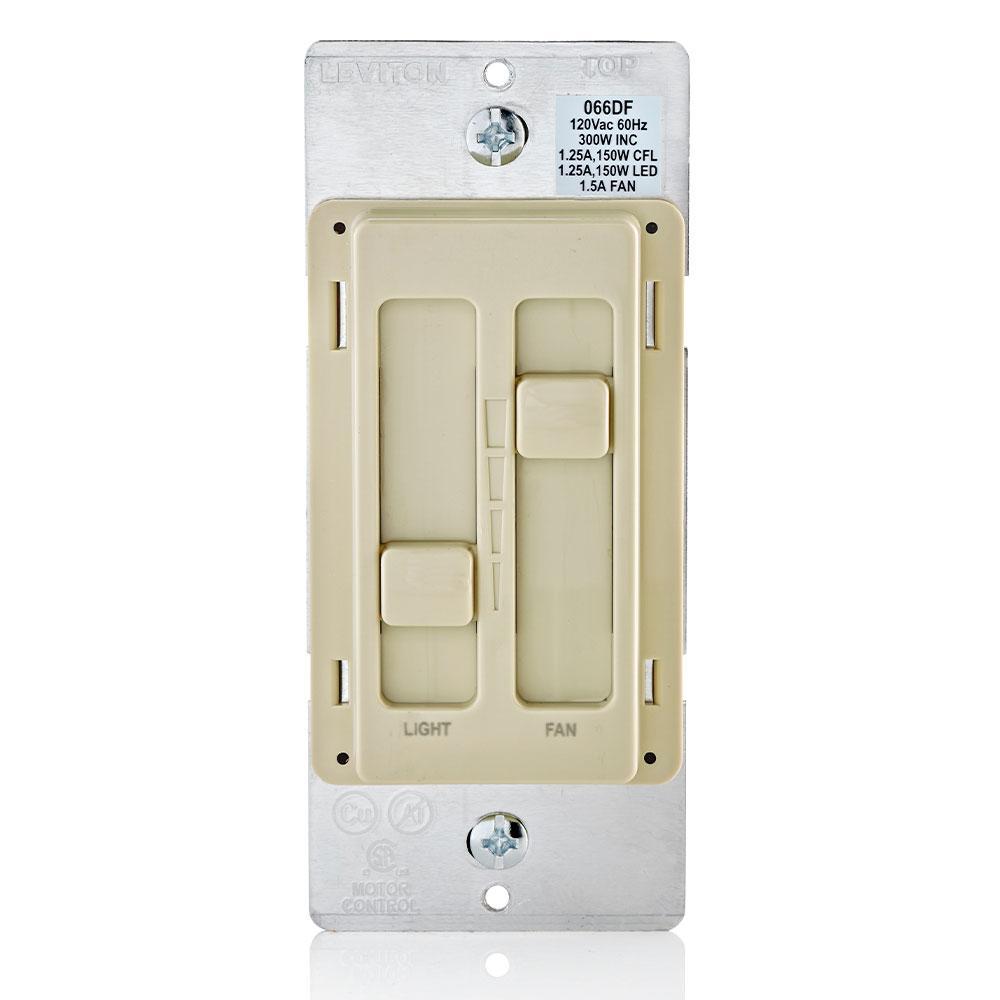 Leviton® Decora® SureSlide® 66DF-10I 1-Pole Non-Preset Universal Unlighted Fan and Light Control, 120 V AC, 1.5 A, Quiet Operational Mode, Ivory