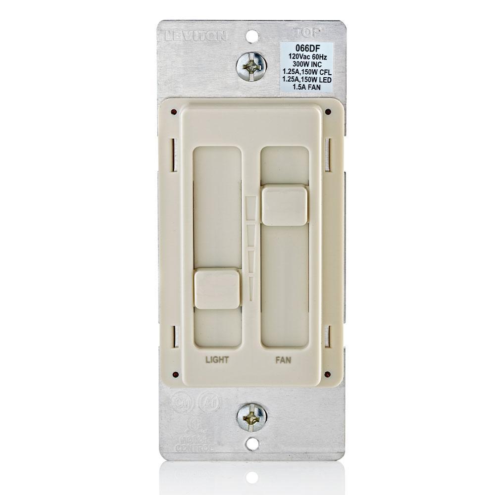 Leviton® Decora® SureSlide® 66DF-10T 1-Pole Non-Preset Universal Unlighted Fan and Light Control, 120 V AC, 1.5 A, Quiet Operational Mode, Light Almond
