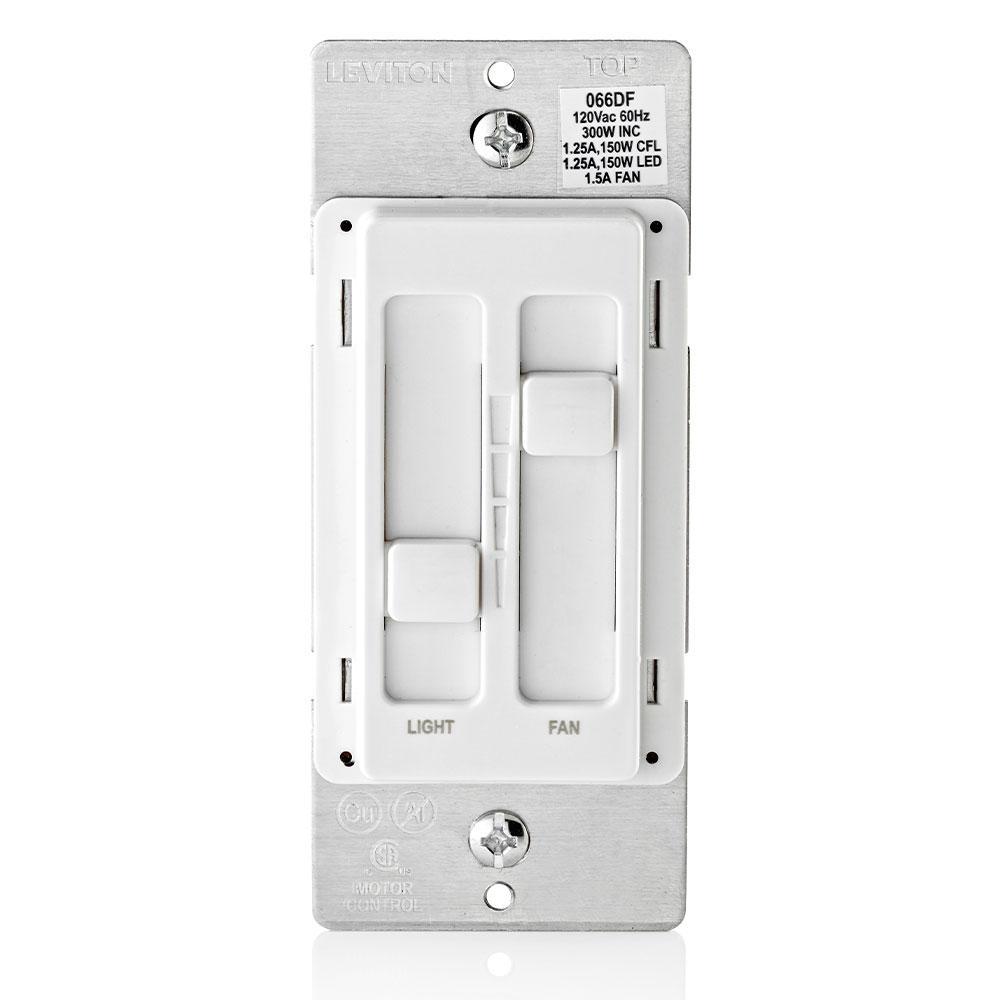 Leviton® Decora® SureSlide® 66DF-10W 1-Pole Non-Preset Universal Unlighted Fan and Light Control, 120 V AC, 1.5 A, Quiet Operational Mode, White