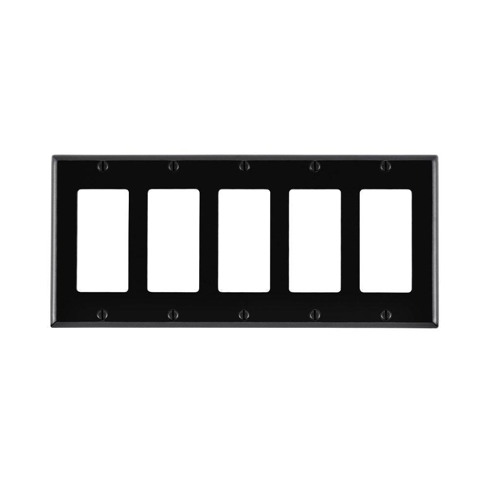 Leviton® Decora® 80423-E Standard Size Wall Plate, 5 Gangs, 9.99 in W x 4.5 in H, Thermoset, Black