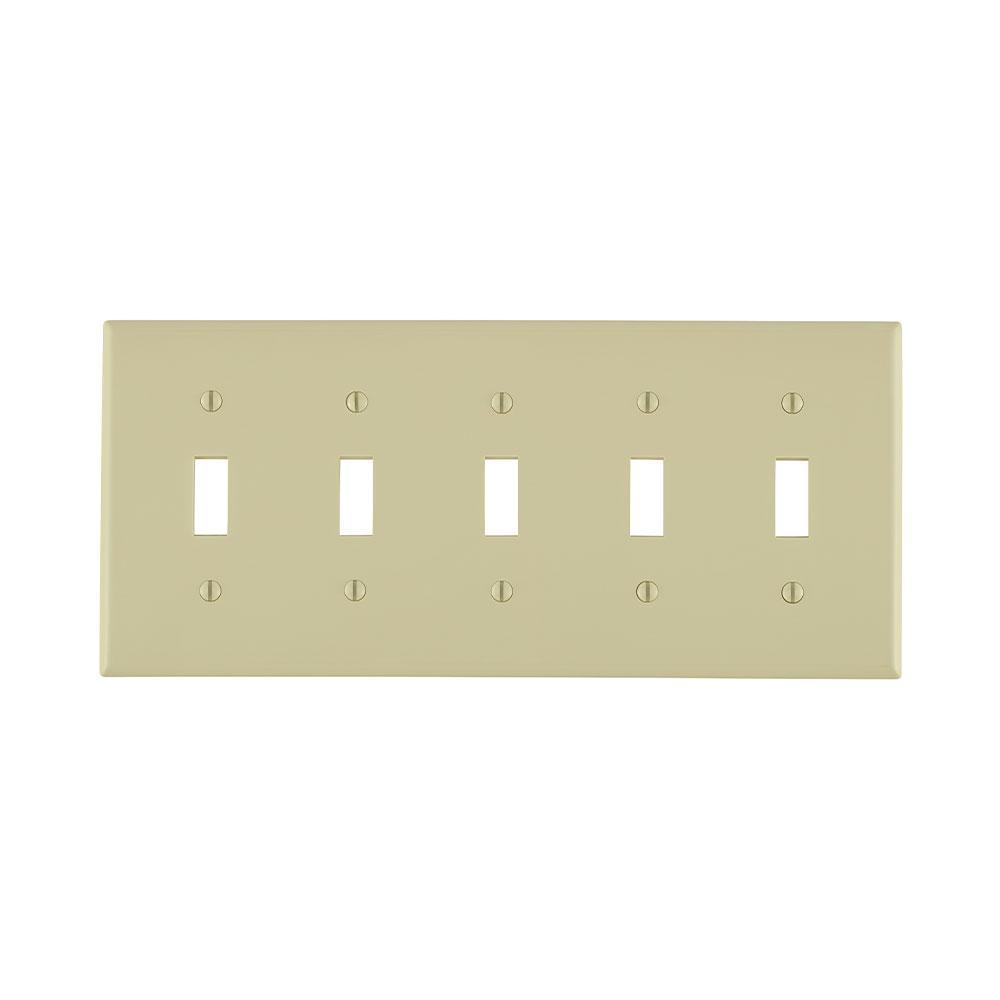 Leviton® 80723-I Standard Size Traditional Wall Plate, 5 Gangs, 9.99 in W x 4.5 in H, Thermoplastic, Ivory
